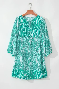 Fashion Dear-Lover Bohemian Print Puff Sleeve Tied V Neck Flared Mini Dress Green