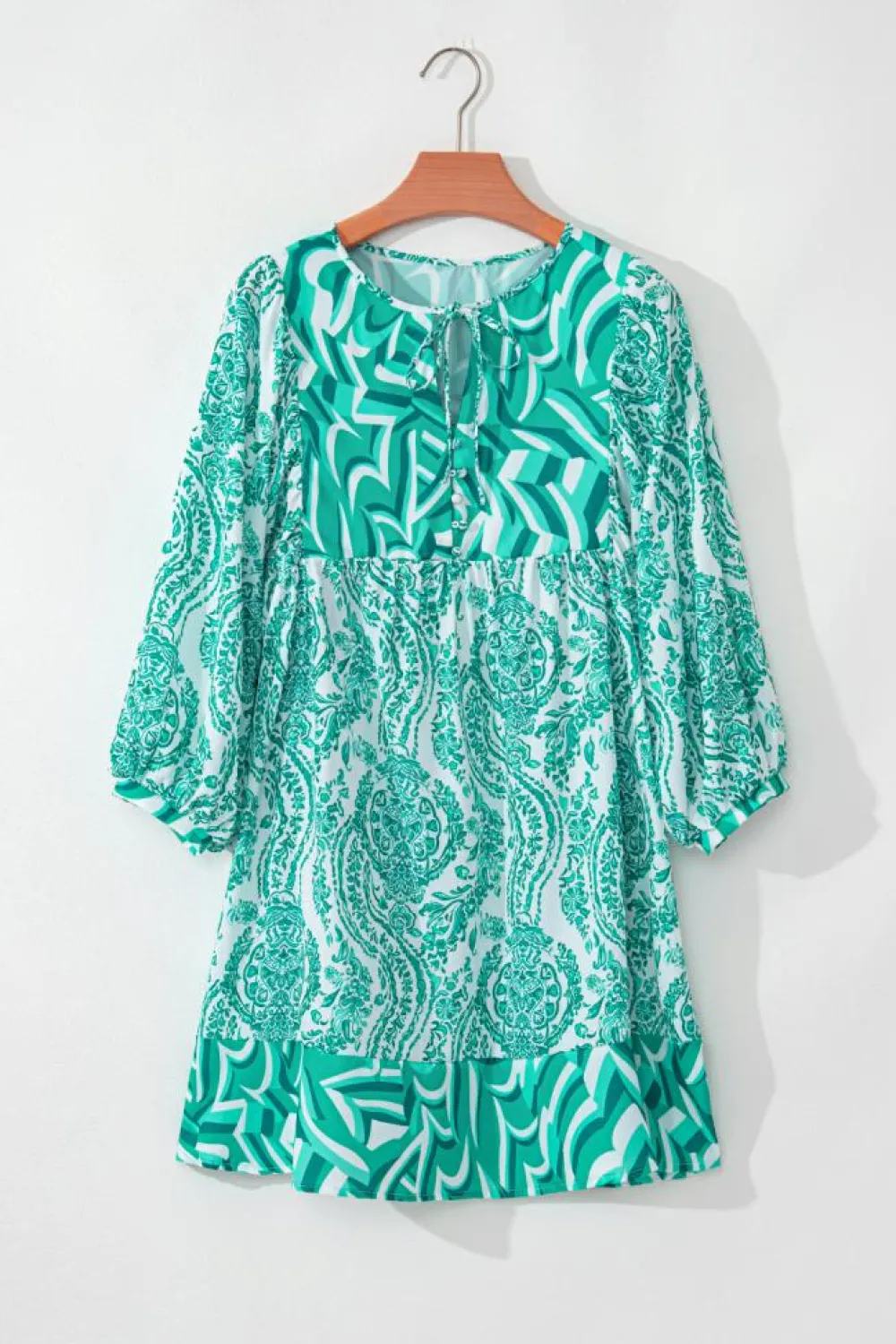 Fashion Dear-Lover Bohemian Print Puff Sleeve Tied V Neck Flared Mini Dress Green