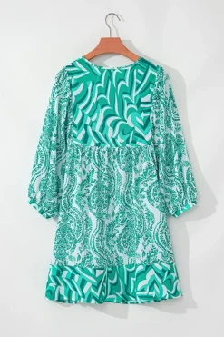 Fashion Dear-Lover Bohemian Print Puff Sleeve Tied V Neck Flared Mini Dress Green