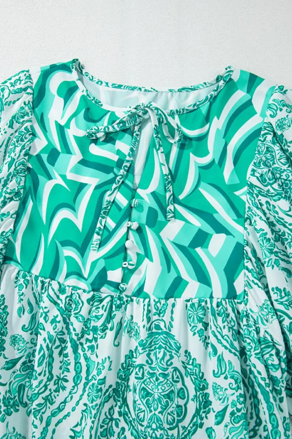 Fashion Dear-Lover Bohemian Print Puff Sleeve Tied V Neck Flared Mini Dress Green