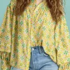 Sale Dear-Lover Boho Floral Print Frilly Detail Puff Sleeve Shirt Green