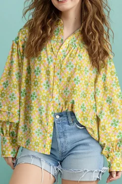 Sale Dear-Lover Boho Floral Print Frilly Detail Puff Sleeve Shirt Green