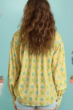 Sale Dear-Lover Boho Floral Print Frilly Detail Puff Sleeve Shirt Green