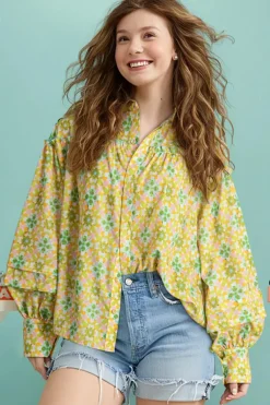 Sale Dear-Lover Boho Floral Print Frilly Detail Puff Sleeve Shirt Green