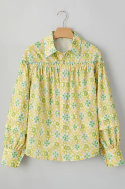 Sale Dear-Lover Boho Floral Print Frilly Detail Puff Sleeve Shirt Green