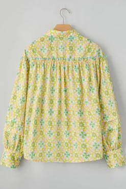 Sale Dear-Lover Boho Floral Print Frilly Detail Puff Sleeve Shirt Green