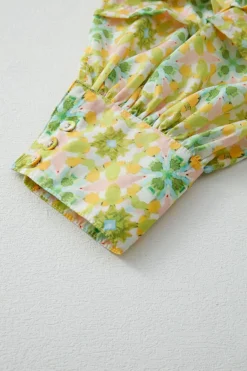 Sale Dear-Lover Boho Floral Print Frilly Detail Puff Sleeve Shirt Green