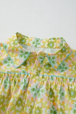 Sale Dear-Lover Boho Floral Print Frilly Detail Puff Sleeve Shirt Green