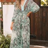 Fashion Dear-Lover Boho Floral Print Lace-up Open Back High Waist Maxi Dress Green