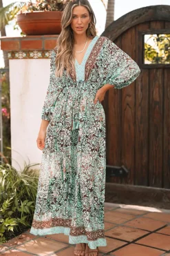 Fashion Dear-Lover Boho Floral Print Lace-up Open Back High Waist Maxi Dress Green