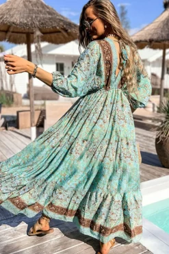 Fashion Dear-Lover Boho Floral Print Lace-up Open Back High Waist Maxi Dress Green