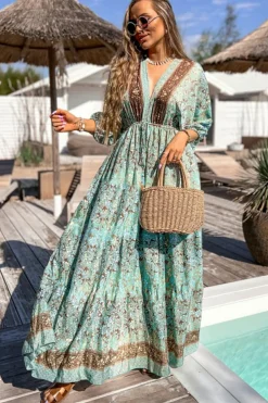 Fashion Dear-Lover Boho Floral Print Lace-up Open Back High Waist Maxi Dress Green