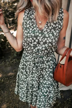 Online Dear-Lover Boho Floral Print V Neck Tunic Sleeveless Dress Green