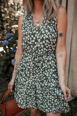 Online Dear-Lover Boho Floral Print V Neck Tunic Sleeveless Dress Green