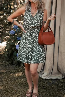 Online Dear-Lover Boho Floral Print V Neck Tunic Sleeveless Dress Green