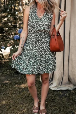 Online Dear-Lover Boho Floral Print V Neck Tunic Sleeveless Dress Green