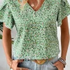 Clearance Dear-Lover Boho Floral V Neck Wrap Short Sleeve Blouse Green