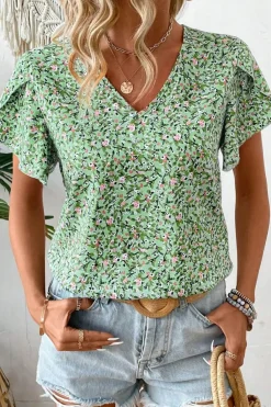 Clearance Dear-Lover Boho Floral V Neck Wrap Short Sleeve Blouse Green