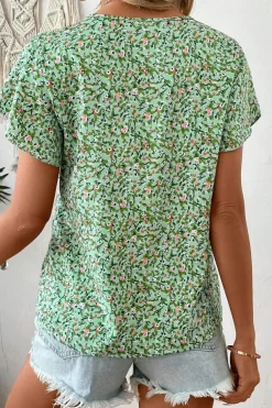 Clearance Dear-Lover Boho Floral V Neck Wrap Short Sleeve Blouse Green