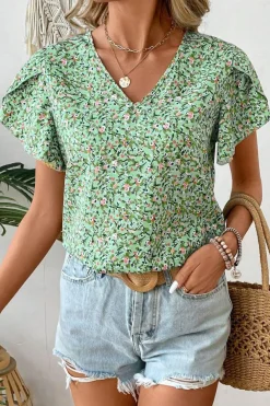 Clearance Dear-Lover Boho Floral V Neck Wrap Short Sleeve Blouse Green