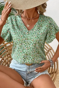 Clearance Dear-Lover Boho Floral V Neck Wrap Short Sleeve Blouse Green