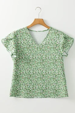 Clearance Dear-Lover Boho Floral V Neck Wrap Short Sleeve Blouse Green