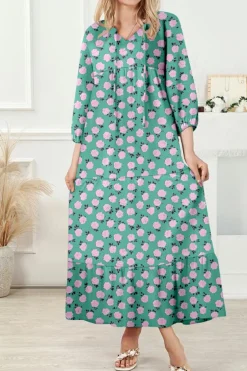 Sale Dear-Lover Boho Printed Half Sleeve Maxi Dress Green