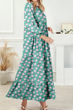 Sale Dear-Lover Boho Printed Half Sleeve Maxi Dress Green