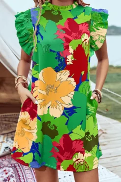 Discount Dear-Lover Bold Floral Flutter Sleeve Shift Mini Dress with Pockets Green