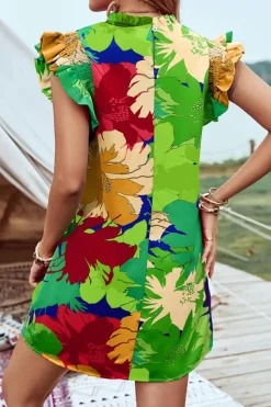 Discount Dear-Lover Bold Floral Flutter Sleeve Shift Mini Dress with Pockets Green