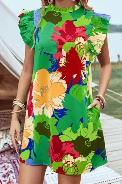 Discount Dear-Lover Bold Floral Flutter Sleeve Shift Mini Dress with Pockets Green