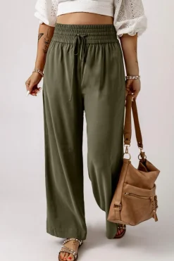 Best Dear-Lover Brown Drawstring Elastic Waist Casual Wide Leg Pants Green