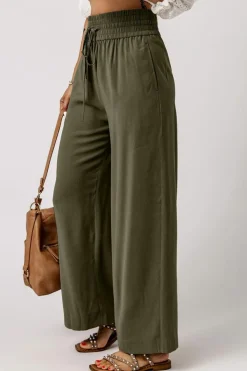 Best Dear-Lover Brown Drawstring Elastic Waist Casual Wide Leg Pants Green