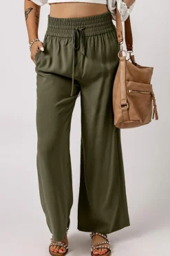Best Dear-Lover Brown Drawstring Elastic Waist Casual Wide Leg Pants Green