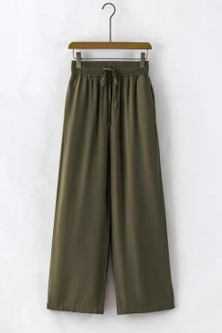 Best Dear-Lover Brown Drawstring Elastic Waist Casual Wide Leg Pants Green