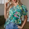 Fashion Dear-Lover Brushwork Geometric Print Puff Sleeve Notched Neck Blouse Green