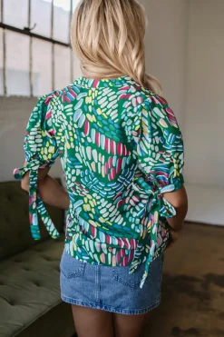 Fashion Dear-Lover Brushwork Geometric Print Puff Sleeve Notched Neck Blouse Green