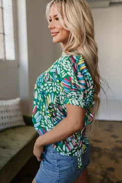 Fashion Dear-Lover Brushwork Geometric Print Puff Sleeve Notched Neck Blouse Green