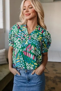 Fashion Dear-Lover Brushwork Geometric Print Puff Sleeve Notched Neck Blouse Green