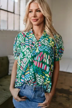 Fashion Dear-Lover Brushwork Geometric Print Puff Sleeve Notched Neck Blouse Green
