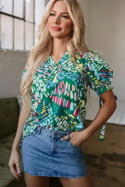 Fashion Dear-Lover Brushwork Geometric Print Puff Sleeve Notched Neck Blouse Green