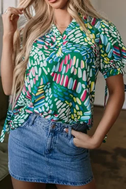 Fashion Dear-Lover Brushwork Geometric Print Puff Sleeve Notched Neck Blouse Green