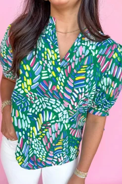Fashion Dear-Lover Brushwork Geometric Print Puff Sleeve Notched Neck Blouse Green