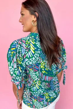 Fashion Dear-Lover Brushwork Geometric Print Puff Sleeve Notched Neck Blouse Green