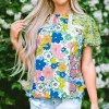 Online Dear-Lover Bubble Sleeve Lace Trim Floral Mixed Print Blouse Green
