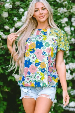 Online Dear-Lover Bubble Sleeve Lace Trim Floral Mixed Print Blouse Green