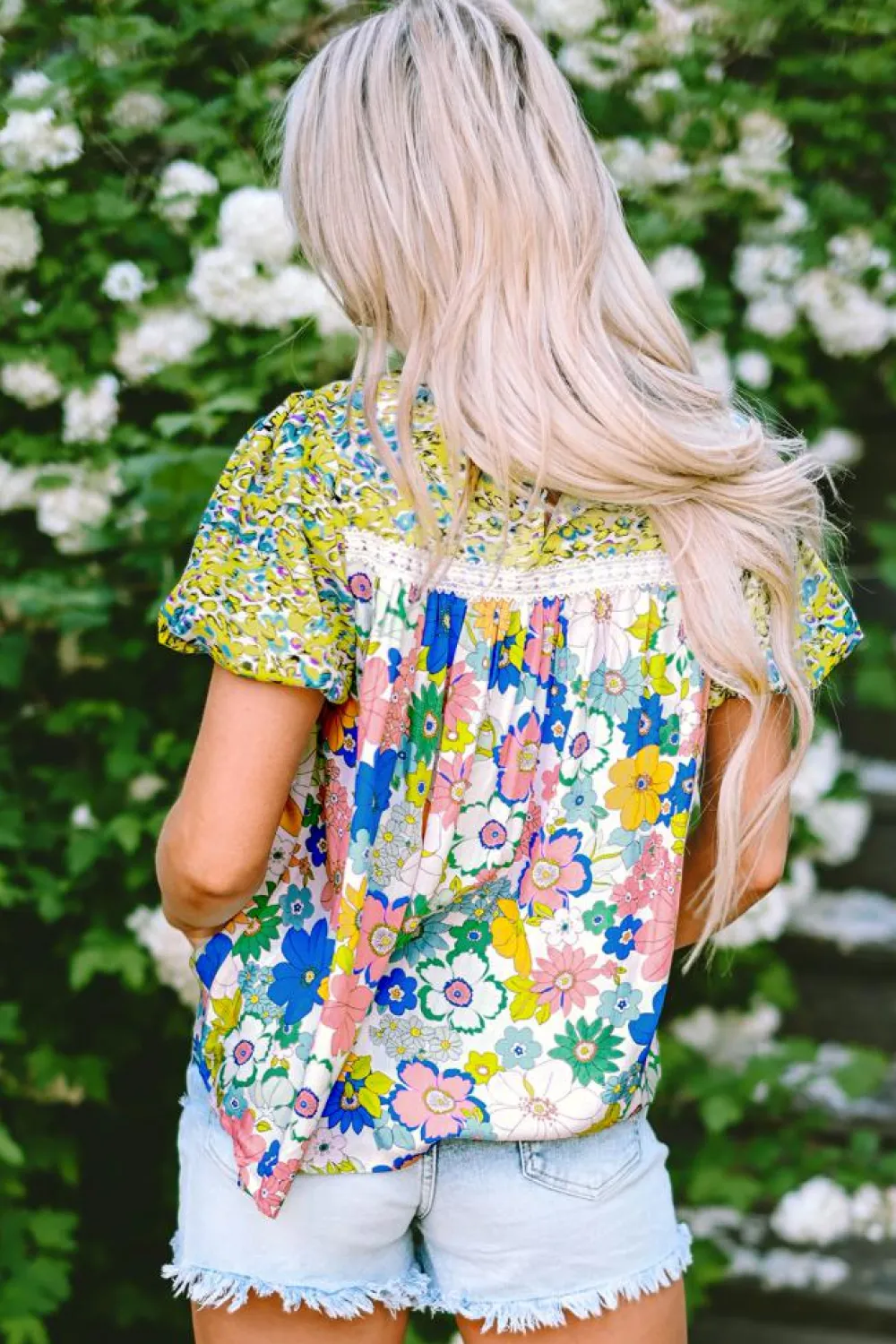 Online Dear-Lover Bubble Sleeve Lace Trim Floral Mixed Print Blouse Green