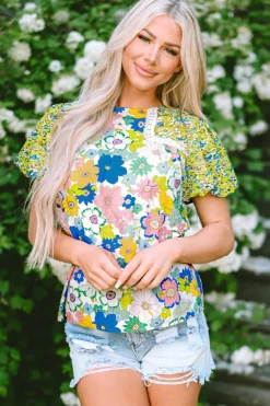 Online Dear-Lover Bubble Sleeve Lace Trim Floral Mixed Print Blouse Green