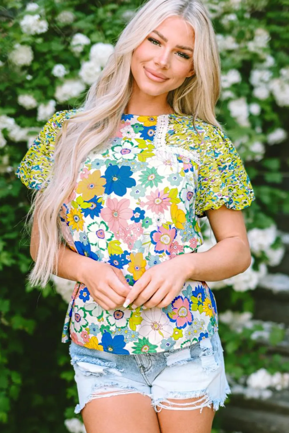 Online Dear-Lover Bubble Sleeve Lace Trim Floral Mixed Print Blouse Green