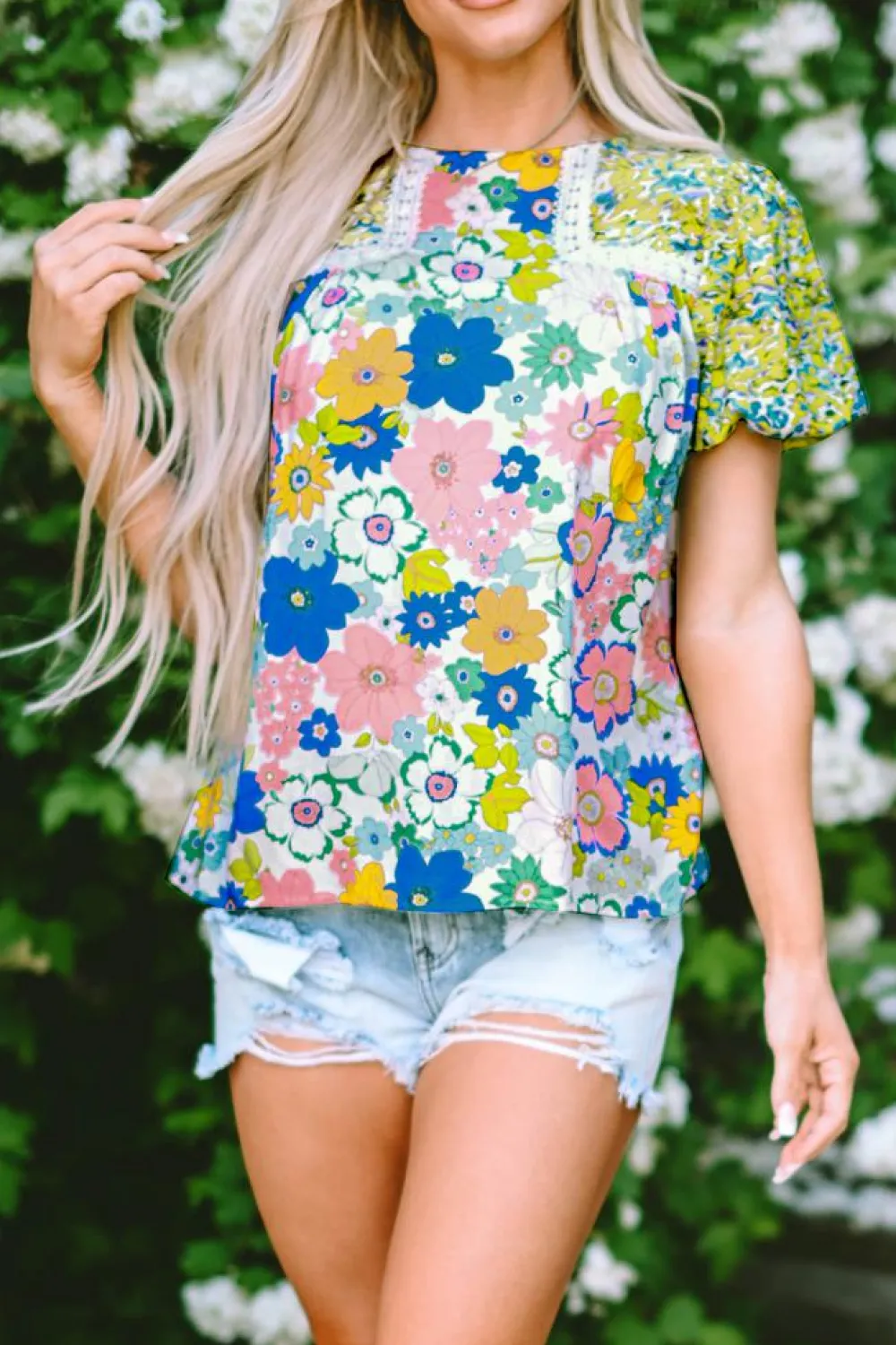 Online Dear-Lover Bubble Sleeve Lace Trim Floral Mixed Print Blouse Green